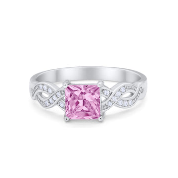Solitaire Infinity Shank Ring Princess Cut Simulated Pink CZ 925 Sterling Silver